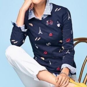 Talbots Sweater Women's Embroidered Navy Blue Paris Knit Pullover Large Petite